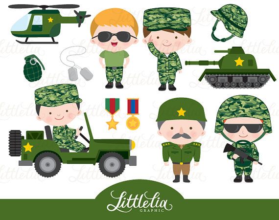 Cute cartoon military characters and vehicles including soldiers, tank, helicopter, jeep, medals, and gear.