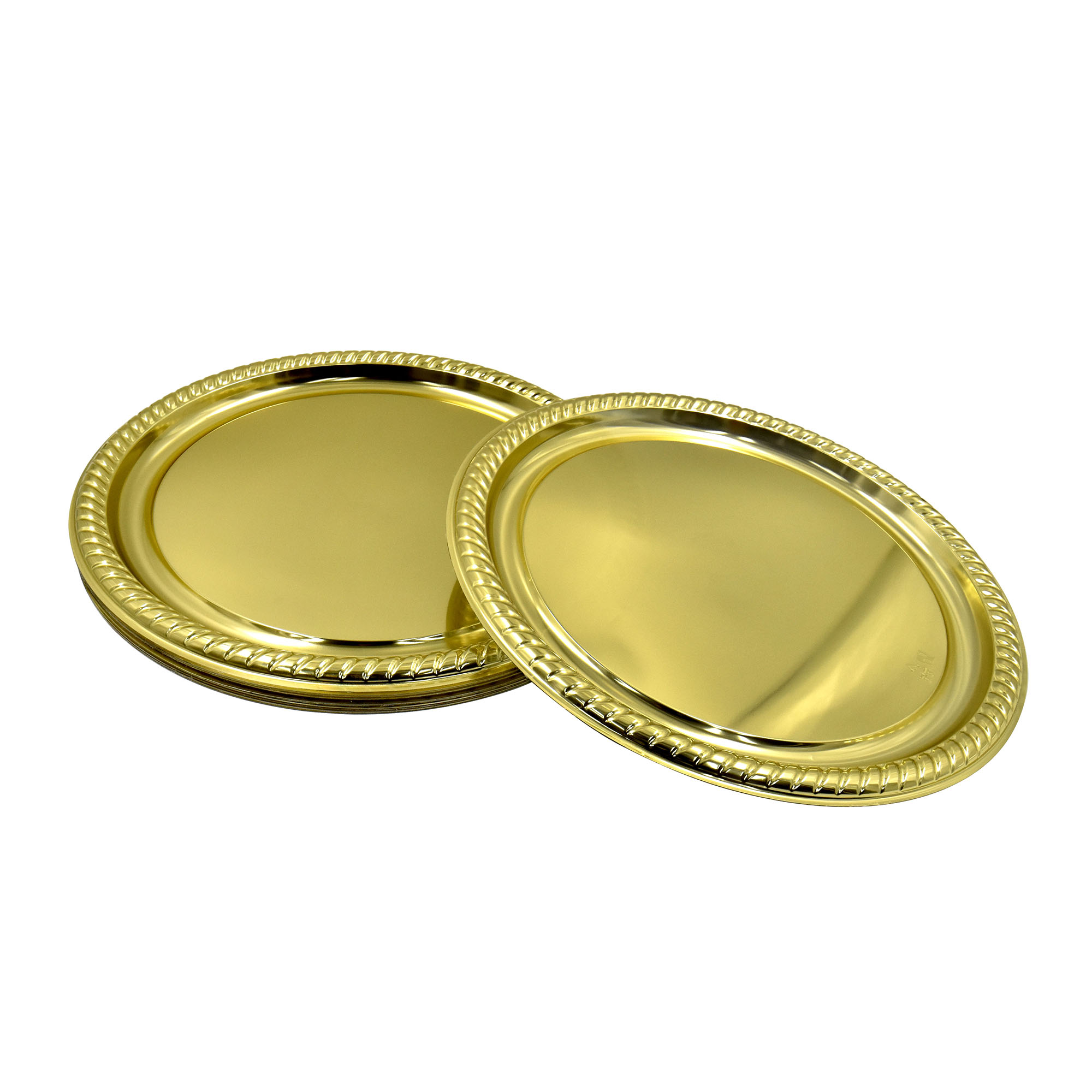 Two shiny gold oval disposable plates with decorative rope-edge trim, stacked and overlapping on white background.