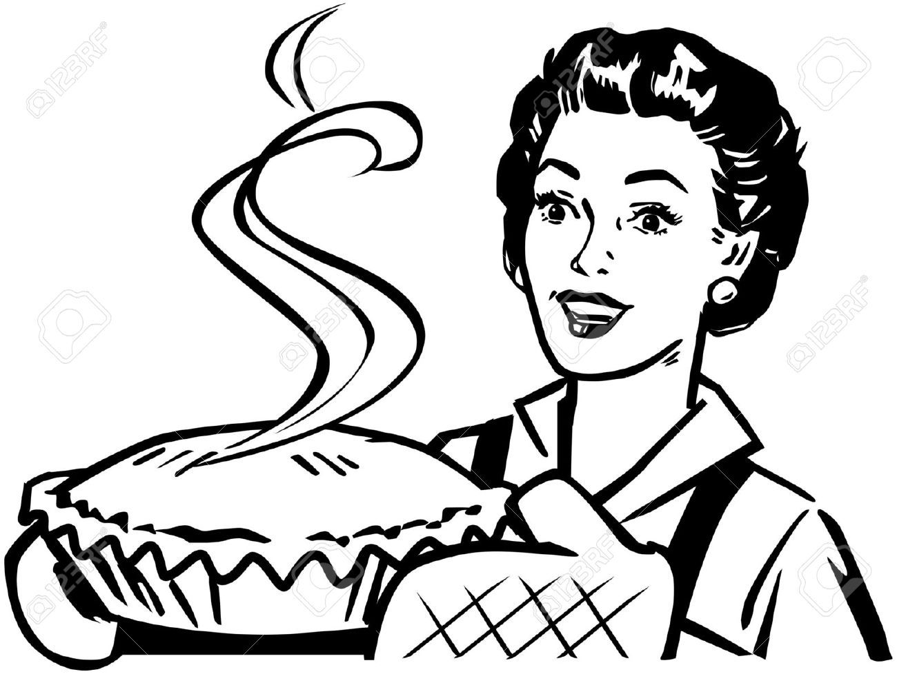 Vintage-style illustration of a smiling woman holding a steaming hot pie in an oven mitt.