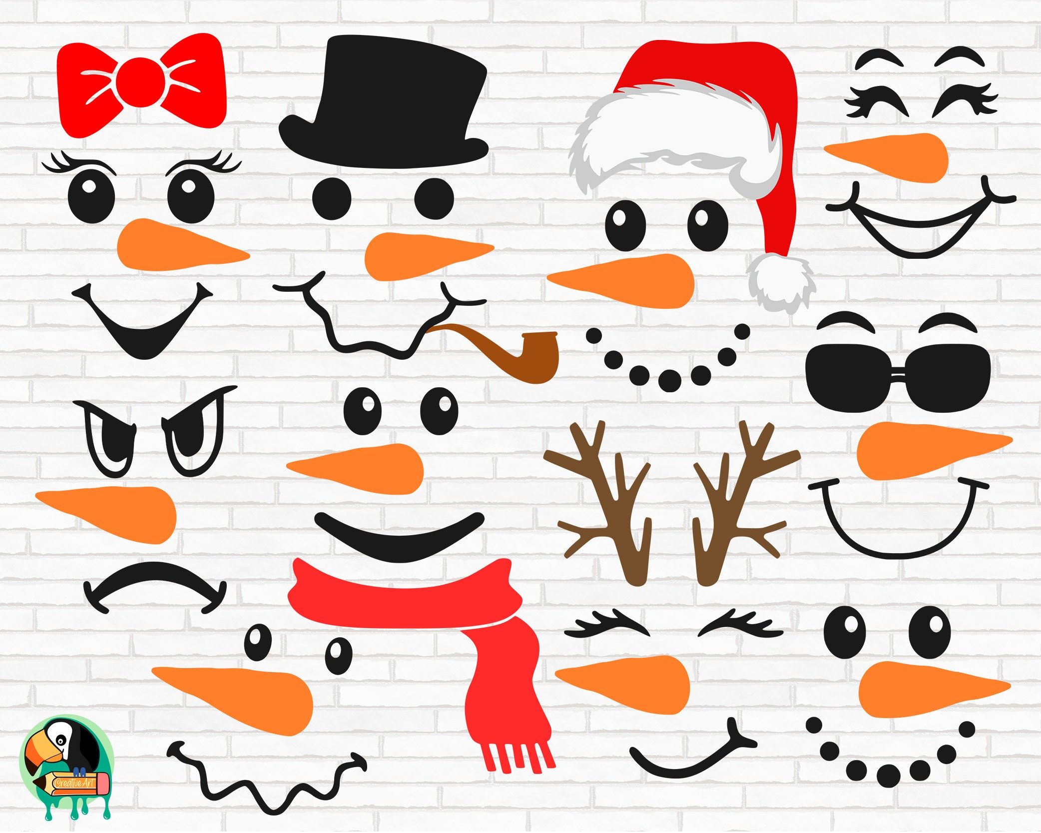 Collection of customizable snowman face parts including hats, scarves, eyes, noses, mouths, and accessories on brick background.