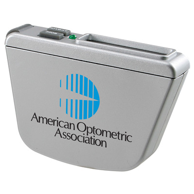 Silver handheld device with American Optometric Association logo and green indicator light.