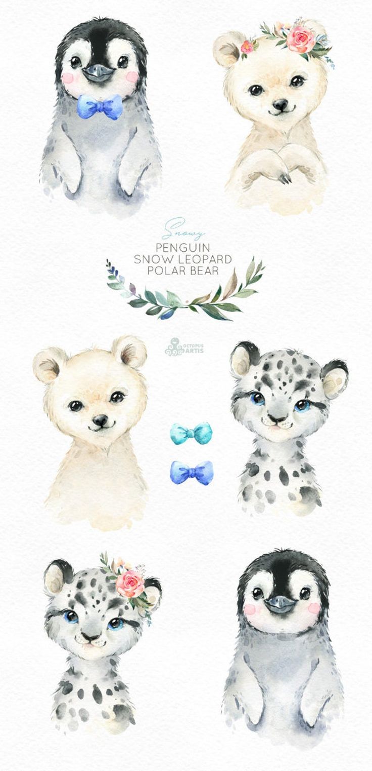 Adorable Baby Arctic Animals Watercolor Clipart - Penguin, Polar Bear & Snow Leopard