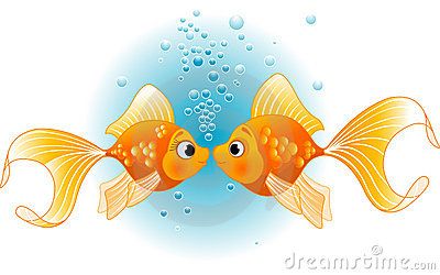 Two orange goldfish facing each other with bubbles rising between them in a light blue aquatic background.