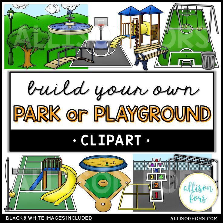 Clipart set featuring playground equipment including slides, swings, basketball hoop, baseball diamond, hopscotch, and park elements.
