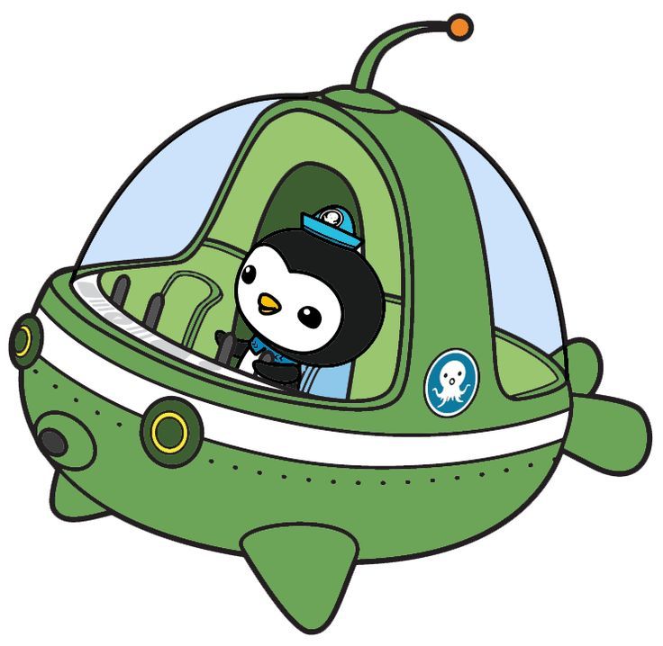 A cartoon penguin in a green submarine with a clear dome cockpit and octopus logo.