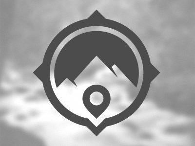 Stylized monochrome logo featuring a mountain range, location pin, and compass rose frame.
