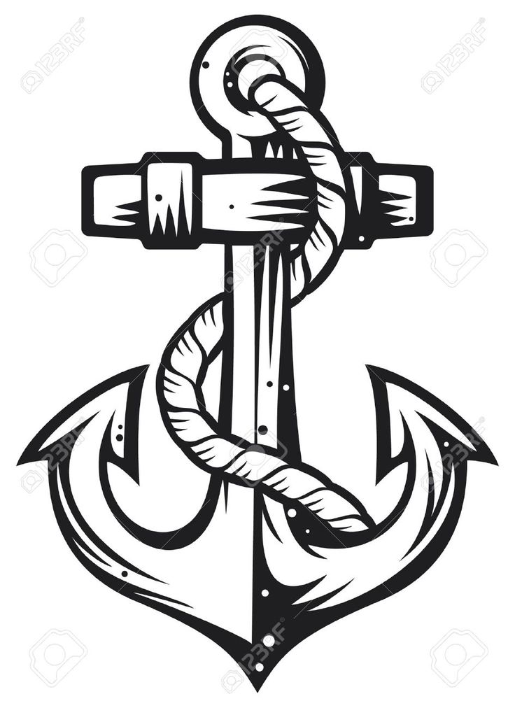 Black-and-white nautical anchor with thick rope wrapped around shank and stock, stylized vintage tattoo design.