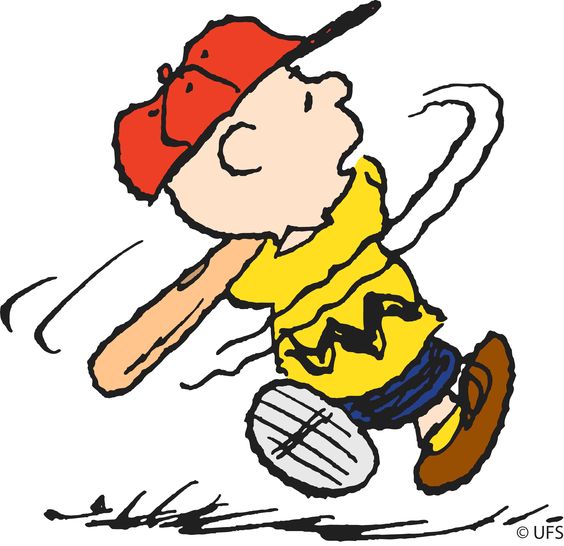 Charlie Brown running with baseball bat, wearing red cap and yellow shirt with black zigzag.