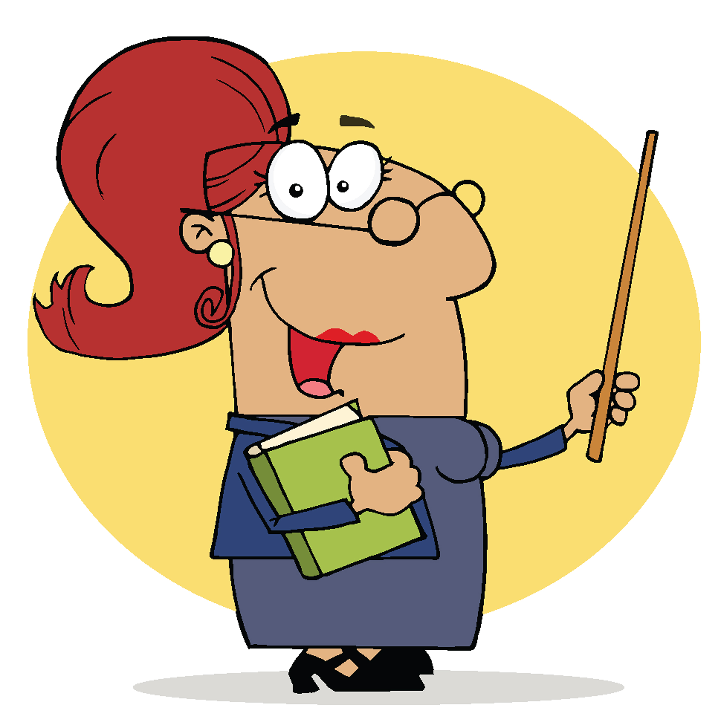 Animated female teacher with red hair, glasses, holding a book and pointer stick, smiling enthusiastically.