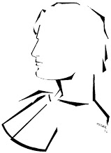Minimalist black-and-white line drawing of a person in profile, wearing a collared shirt or scarf, signed "Meyer 12".
