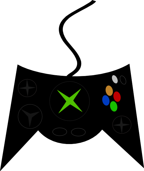 Black Xbox controller with green X logo, analog sticks, D-pad, and colored action buttons; wired design.
