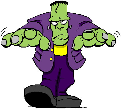 Cartoon Frankenstein monster in purple coat and yellow shirt, arms outstretched with angry expression.