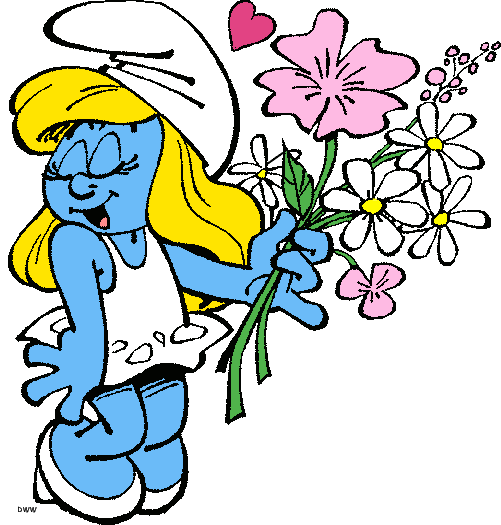 Smurfette holding a bouquet of pink and white flowers with a heart above, smiling joyfully.