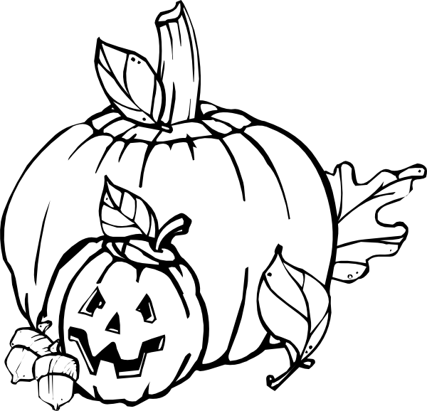 Black-and-white line drawing of a large pumpkin with a carved jack-o'-lantern, acorns, and autumn leaves.