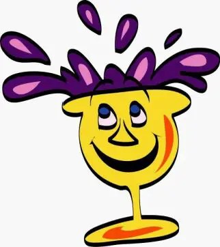 Cheerful yellow wine glass cartoon with smiling face and purple liquid splashing upward.