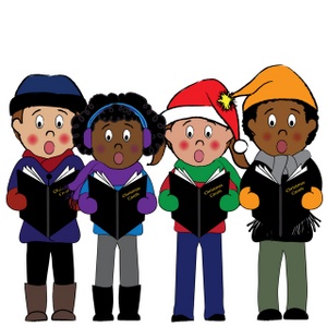 Four diverse children in winter clothes singing carols with songbooks and festive hats.