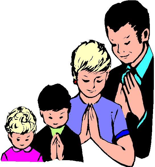 A family of four-father, mother, and two children-praying together with hands clasped in reverence.