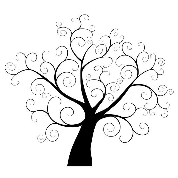 Stylized black-and-white tree with swirling, ornamental branches and no leaves.