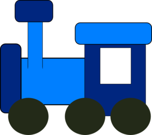 Blue cartoon-style toy train with dark green wheels and a white window, designed for children's educational content.