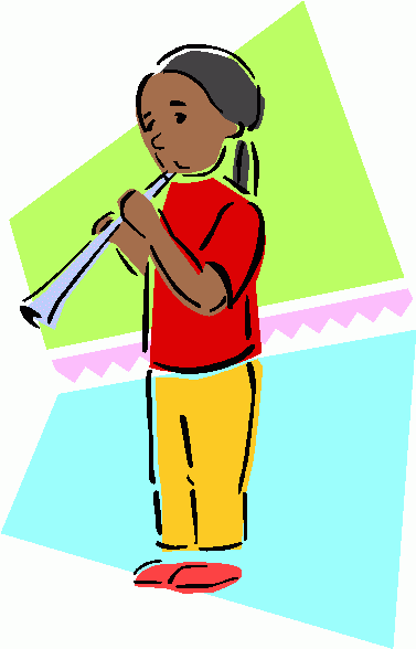 A young girl with dark skin and a ponytail plays a silver flute, wearing a red shirt, yellow pants, and red sandals against colorful geometric shapes.