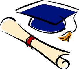 Blue graduation cap with yellow tassel resting on a rolled diploma tied with red ribbon.