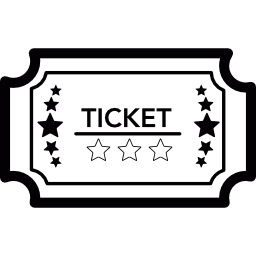 Black-and-white illustrated ticket icon with "TICKET" text and decorative stars on both sides.