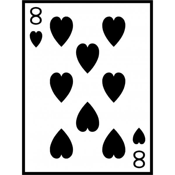 Black-and-white illustration of the Eight of Hearts playing card with standard pips and corner indices.