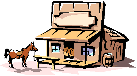 A cartoon-style western saloon with a horse tied to a bench, wooden barrel nearby, and rustic facade under olive-green background.