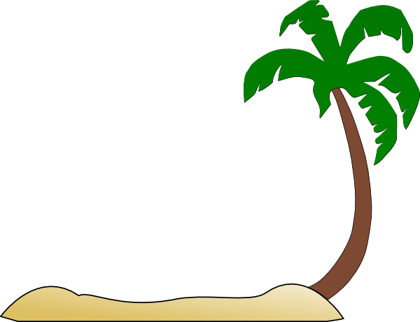 A stylized palm tree with green fronds leaning over a sandy beach mound on a white background.