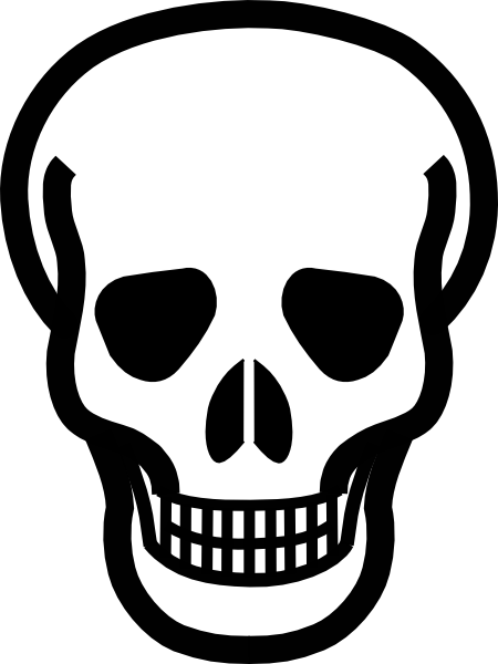 Black and white stylized skull icon with hollow eye sockets, nasal cavity, and visible teeth.
