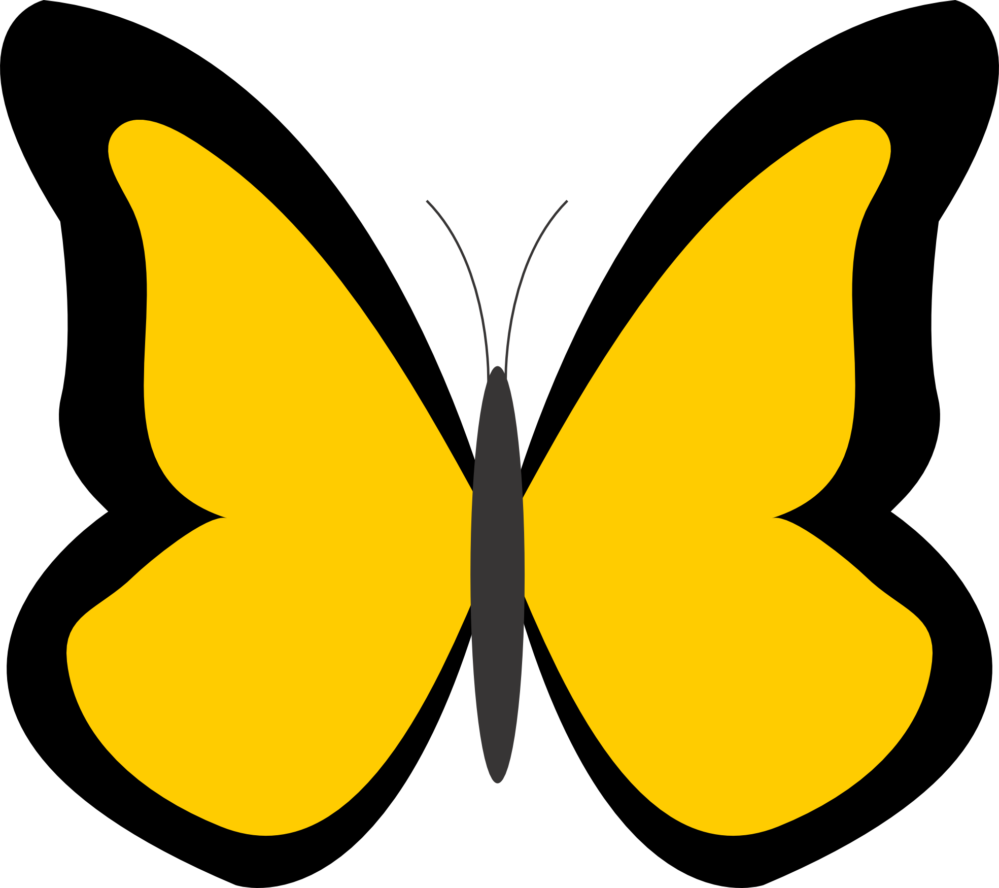 Simple yellow butterfly with black wing borders and gray body, stylized vector illustration.