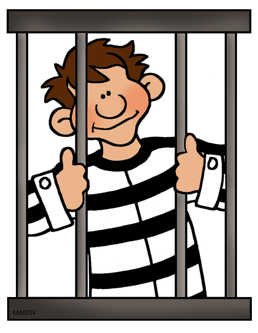 Cartoon boy in striped prison uniform smiling behind bars, giving two thumbs up.