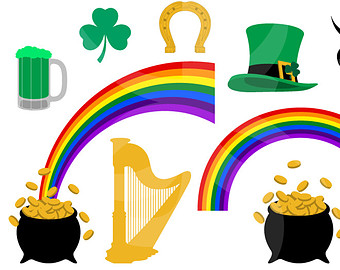 St. Patrick’s Day icons including rainbow, leprechaun hat, shamrock, harp, horseshoe, pot of gold, and green beer mug.