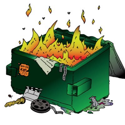 A green dumpster engulfed in flames with scattered debris including film reels, clapperboard, and a rat nearby.