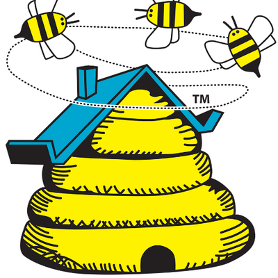 Illustration of a yellow beehive with a blue roof and three flying bees circling above.