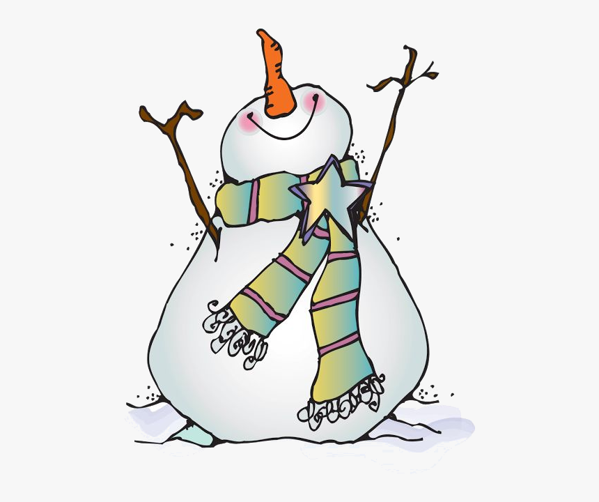 Cheerful cartoon snowman with carrot nose, striped scarf, and stick arms, smiling warmly in snow.