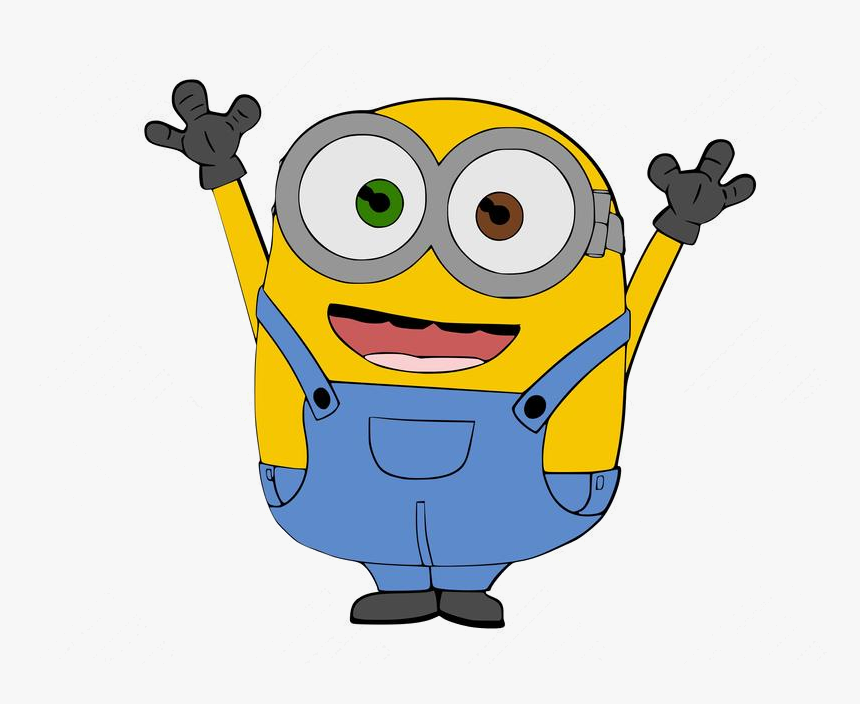 Cheerful yellow Minion with blue overalls, raised arms, and mismatched eyes smiling widely.