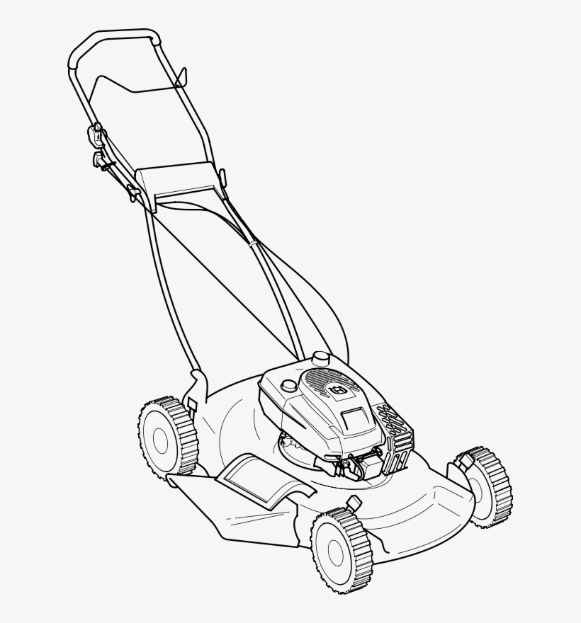Line drawing of a push lawn mower with engine, handle, and four wheels.