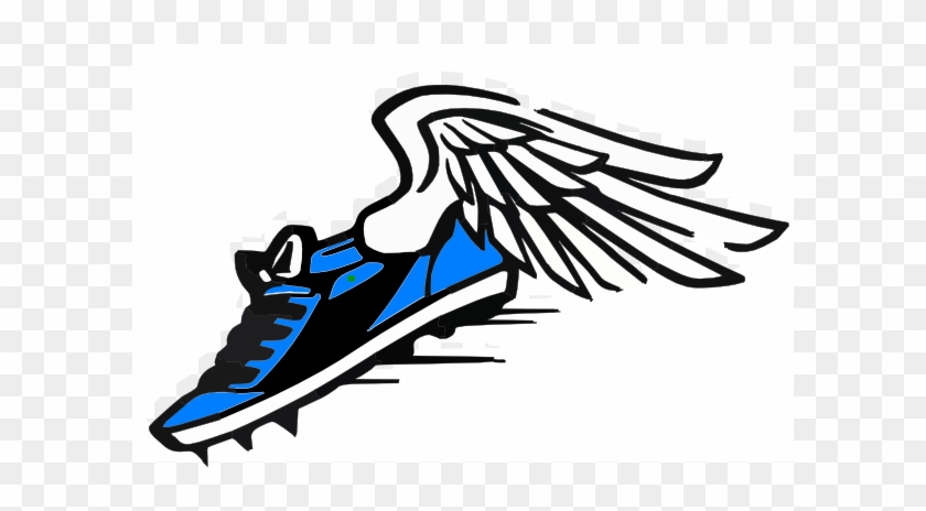 Blue and black running shoe with white wings, symbolizing speed and agility.