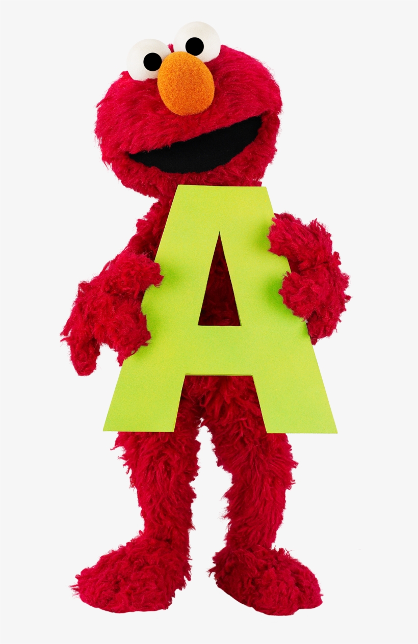 Elmo from Sesame Street holding a large green letter A against a white background.
