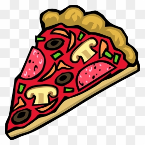 A colorful cartoon-style slice of pizza with mushrooms, olives, green peppers, and pepperoni on a red sauce base.