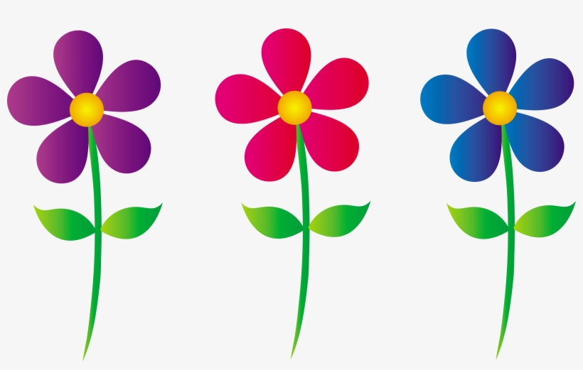 Three stylized cartoon flowers-purple, pink, and blue-with yellow centers, green stems, and leaves on a white background.