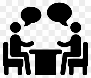 Two silhouetted people seated at a table with speech bubbles, symbolizing conversation or discussion.