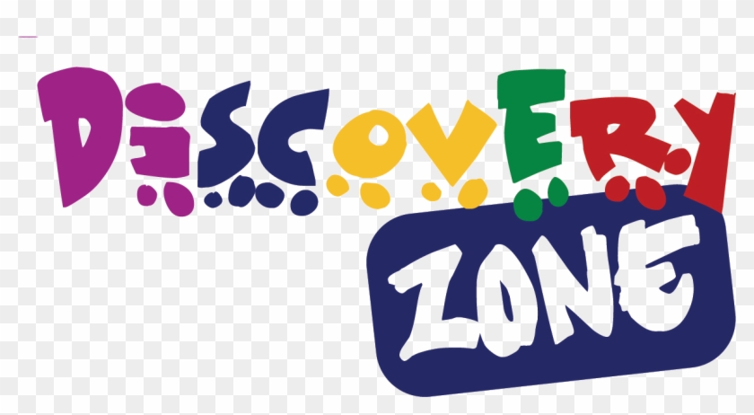 Colorful "Discovery Zone" logo with playful multicolored letters and a navy blue badge for "ZONE".