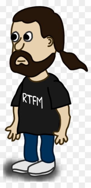 Cartoon man with beard, ponytail, wearing black "RTFM" t-shirt and blue jeans.