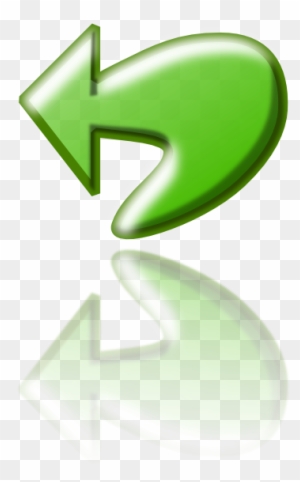 Glossy green left-pointing arrow icon with 3D effect and reflection on transparent background.