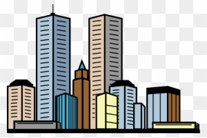 Colorful cartoon-style city skyline with modern skyscrapers and varied architecture on transparent background.