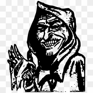 Hooded figure with sinister grin and raised hand, black-and-white ink illustration in horror or meme style.