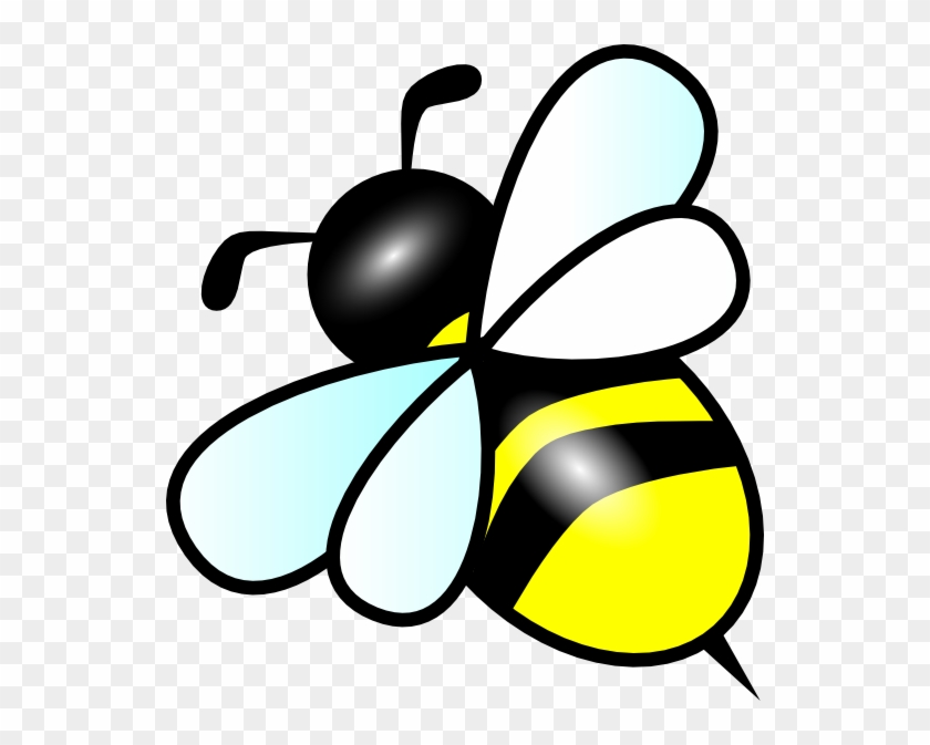 Cartoon-style bee with black and yellow stripes, translucent wings, and antennae on transparent background.