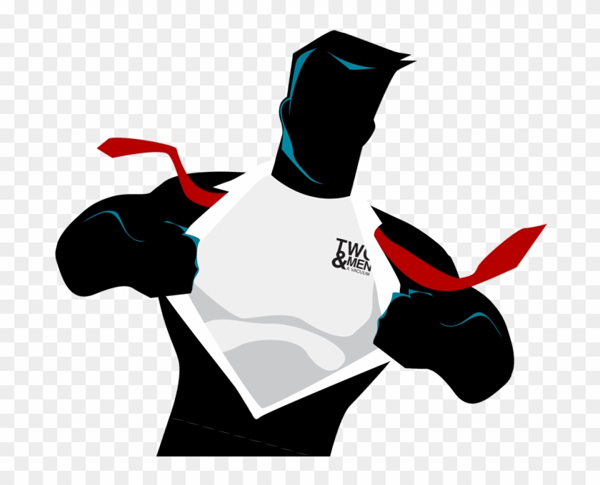 Silhouetted superhero tearing open shirt to reveal "TWO & MEN" logo on white undershirt, red tie flying outward.